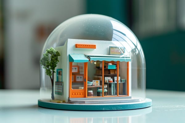 A model of a miniature storefront inside a snow globe on a desk