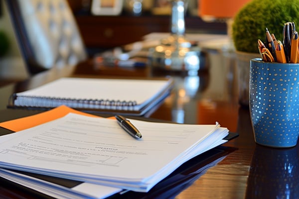 A stack of insurance contracts on a mahogany desk