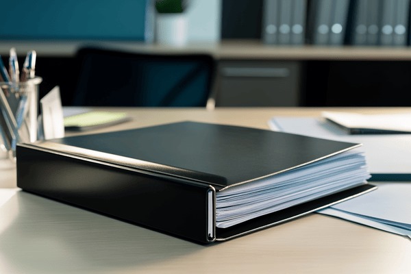 A black binder filled with documents lays on an office desk