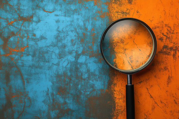 A magnifying glass rests against a blue and orange wall