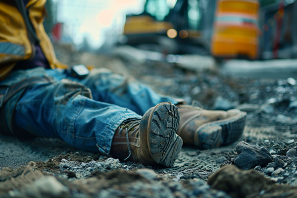 Close up of a construction worker's splayed legs while he sits on the ground