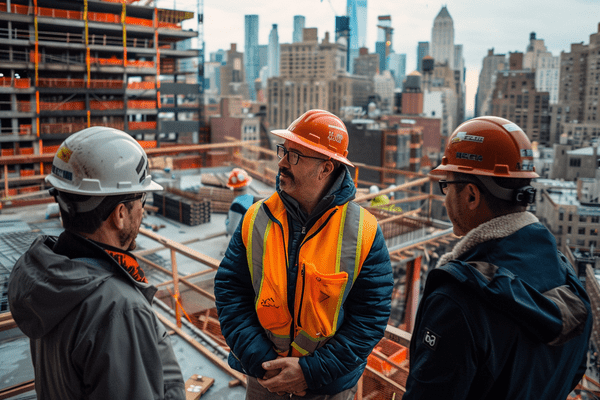 Three people in hard hats talk and view a construction site