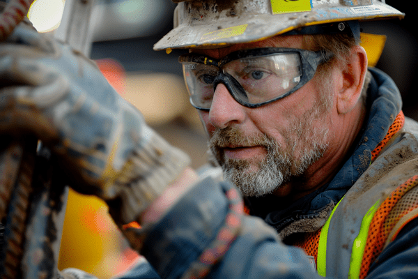 A construction worker wears a hard hat, goggles, gloves, and orange vest