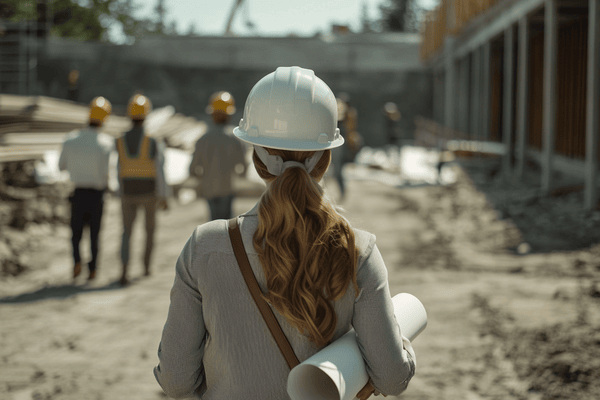 A business woman in a hard hat brings a large blueprint to a construction site