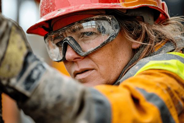 A woman construction worker wears a hard hat, goggles, gloves, and a safety vest