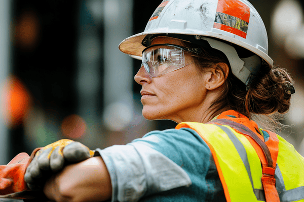 A woman construction worker stops work while viewing something in the distance