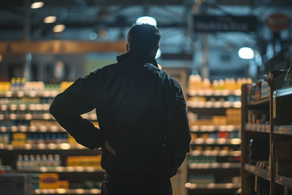 A man touches his lower back in a warehouse