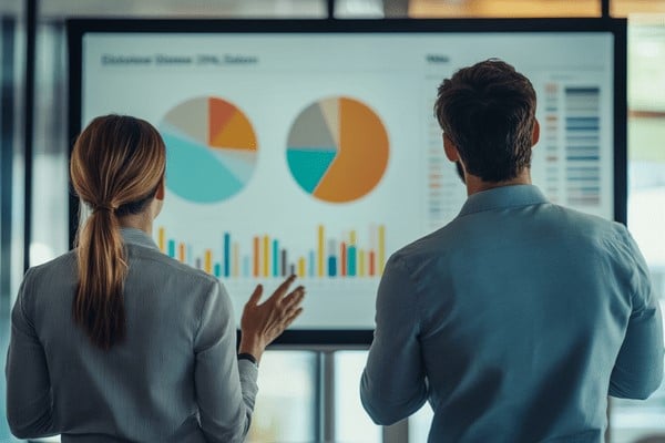 Two business professionals review and talk about multiple graphs on a projector screen