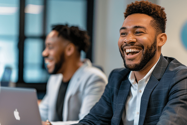 Two business professionals laughing in an office meeting