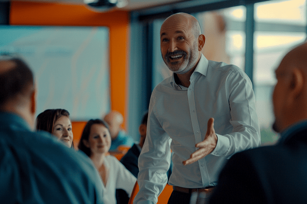 A leader smiles while standing and talking to a room full of business professionals