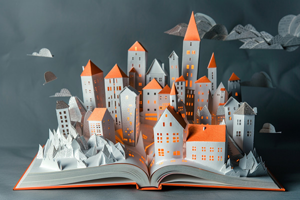 A pop-up paper town with houses coming out of an open book