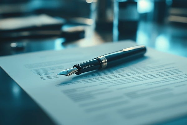 A pen lays across a single document on an office desk