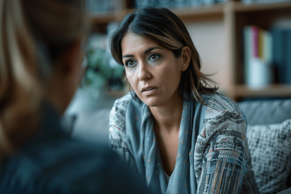 A woman sitting on a couch and talking to a therapist