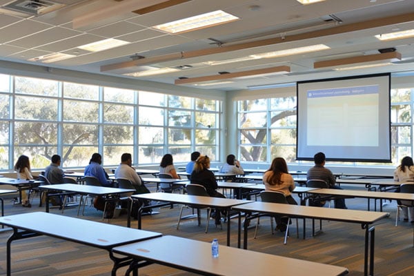 A view from behind a group of professionals in a meeting room viewing a projector screen