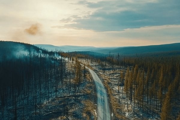 A forest half burnt by a wildfire on the left side of a road that runs through it