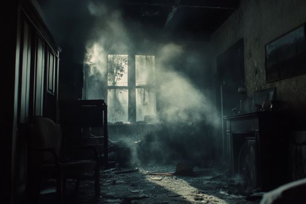 The interior of a smoke damaged home with smoke and light coming from the window