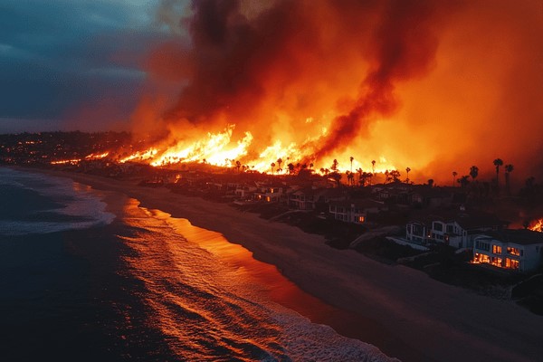 A wildfire burning homes located on the coast