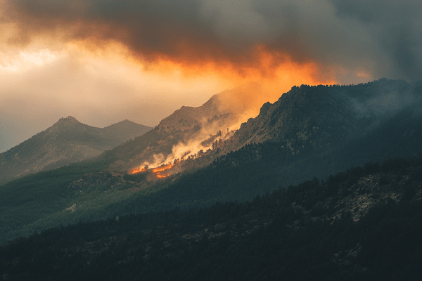 An orange glow in a smoke-filled sky signifies a nearby wildfire behind a mountaintop