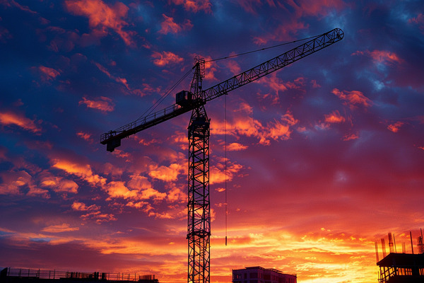 A construction crane in the midst of a construction site at sunset