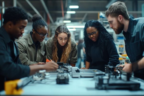 A group of technology staff reviewing equipment