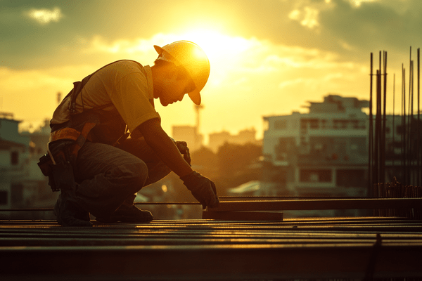 A construction worker squatted down while working as the sun sets behind him