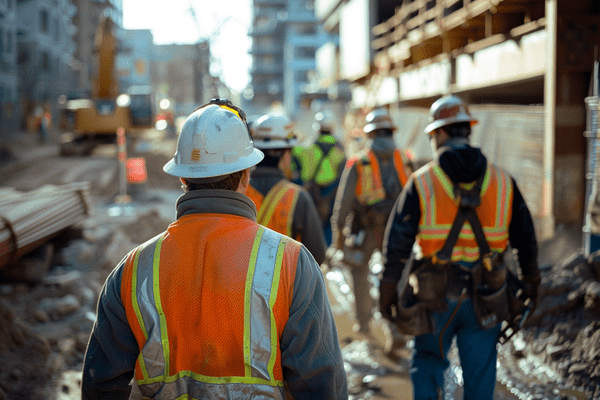 Construction workers wearing hard hats and orange vests walk onto a jobsite