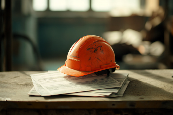 An orange hard hat sits on top of paperwork on a construction jobsite