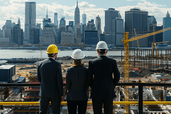 Three business professionals in hard hats overlook a large construction site across the water from a large city