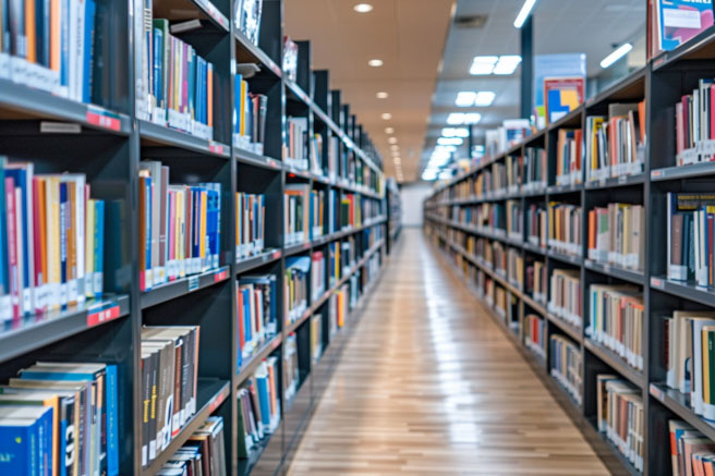 An aisle of shelved books in a library.