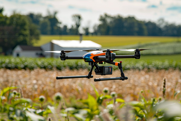 A drone hovers above farm crops