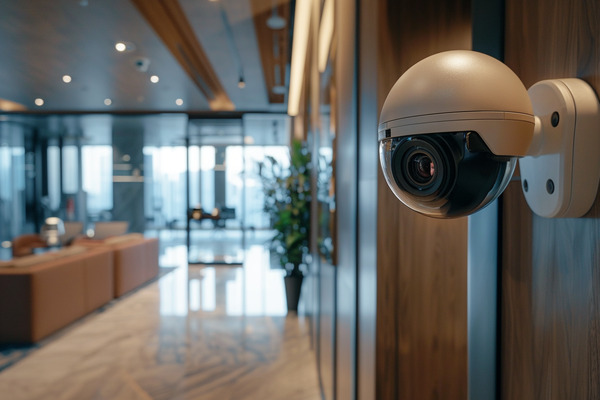 A surveillance camera mounted on a wall in an office.