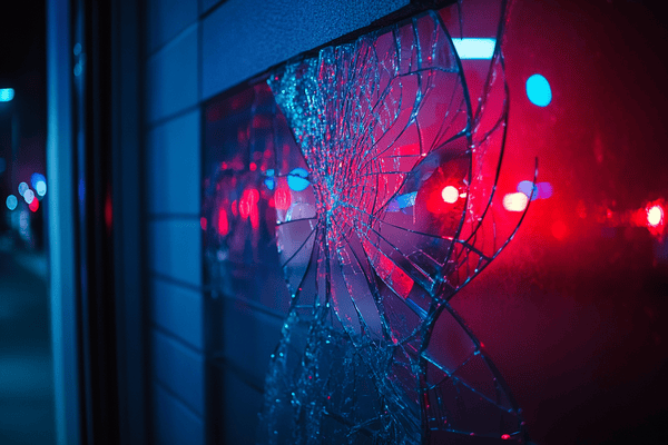 A broken office window with police lights reflecting off of it