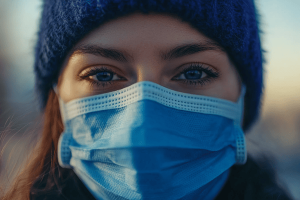 A young woman wearing a blue medical mask