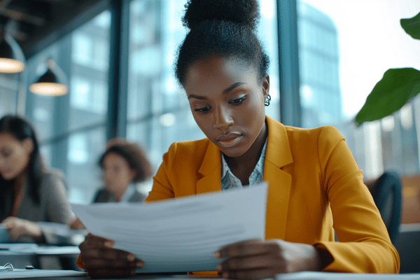 a businesswoman reviews paperwork in a modern business office