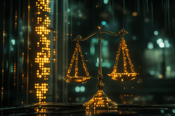 scales of justice made of golden circuits and binary code