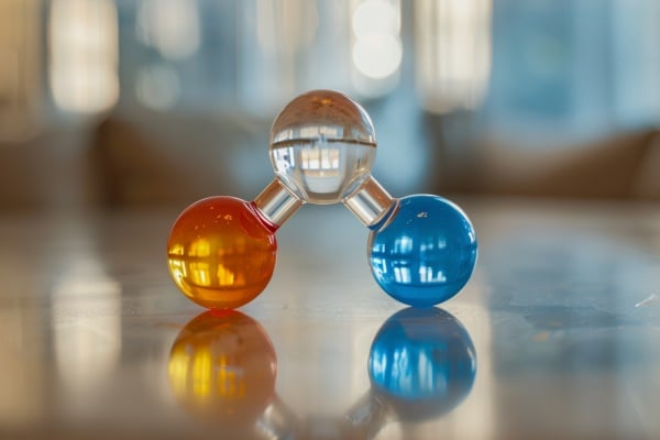 Three different-colored glass balls balanced on a table