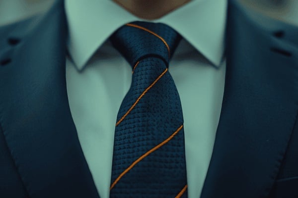 A close-up image of a professional wearing a navy tie with orange stripes