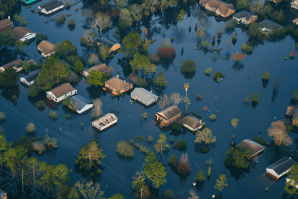 A neighborhood underwater during a flood