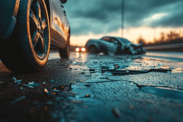 A low-angle shot of a totaled car on the highway