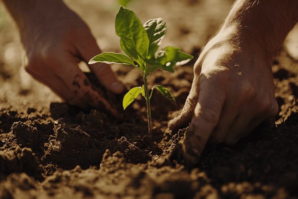 A pair of hands patting soil around a newly planted sapling tree