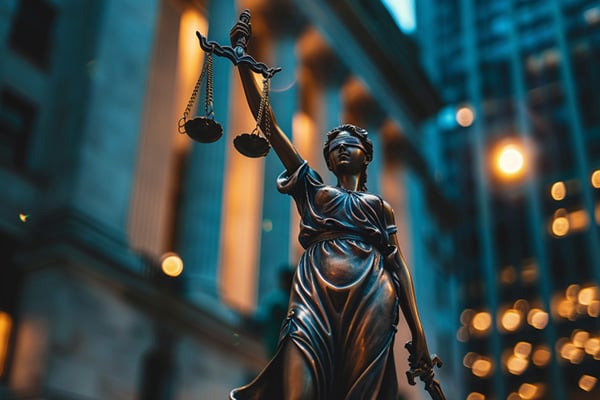 A Lady Justice statue outside a court office at twilight