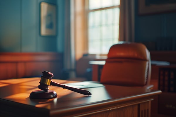 A gavel sits on an empty office desk