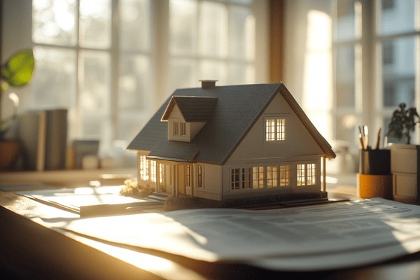 A model home sitting on top of papers on a home office desk