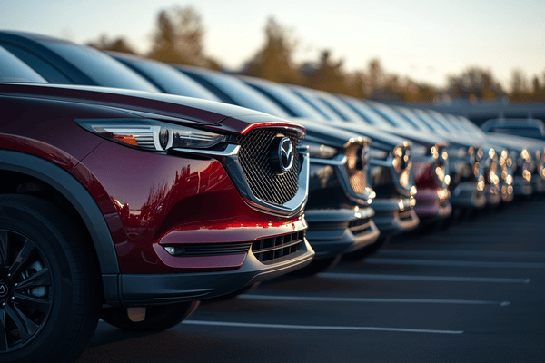 A parking lot of new SUVs at a dealership