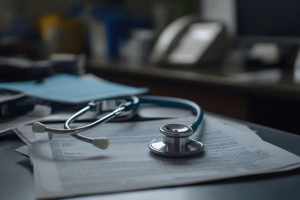 A stethoscope sits on top of a document on a desk