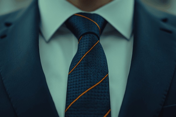 A close-up image of a navy tie with orange stripes around a businessman's collar