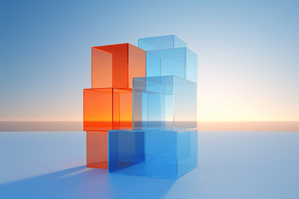 An abstract image of see-through orange and blue building blocks stacked on top of each other