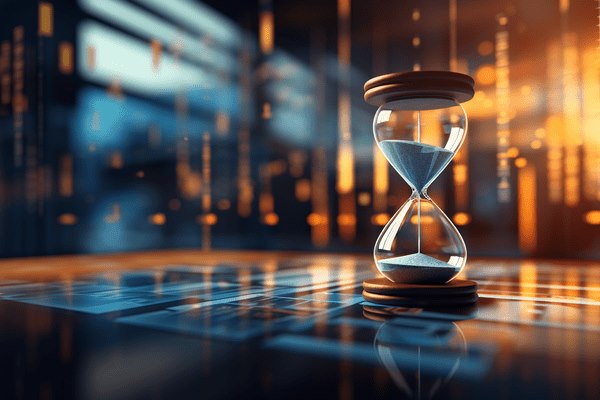 An hourglass sits against a backdrop of data analytics