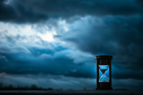 An hourglass sits in front of dark and stormy clouds