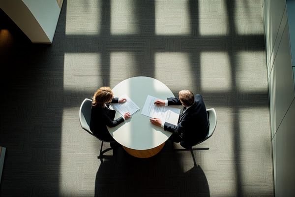 A businesswoman and businessman sitting at a round table and negotiating a contract.